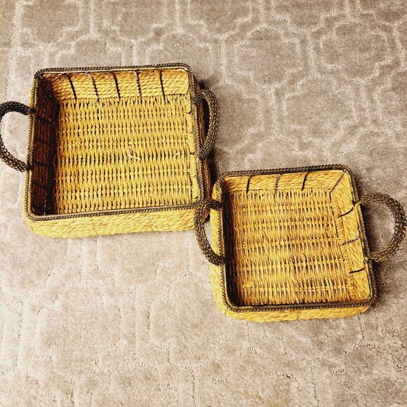 Square Wicker Nesting Baskets LOT OF 2 BLACK METAL HANDLES TRIM rustic cottage - Picture 2 of 11